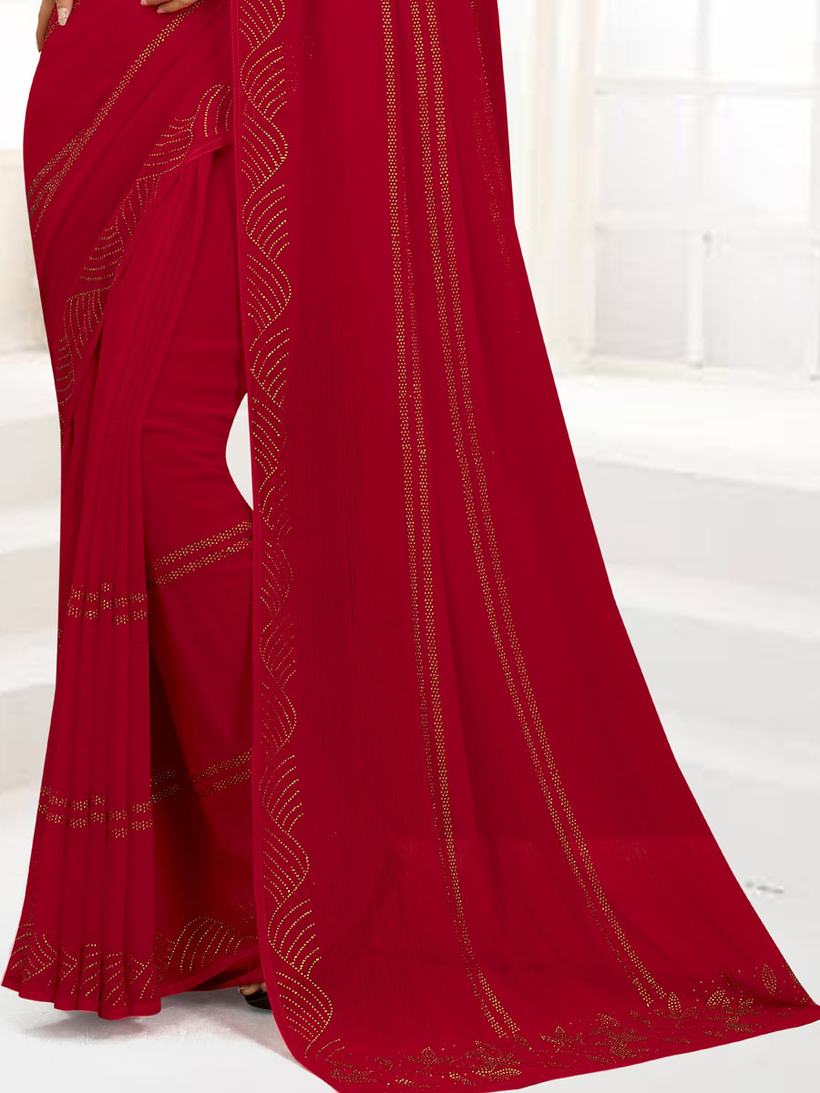 Carmine Red Chiffon Embroidered Party Saree