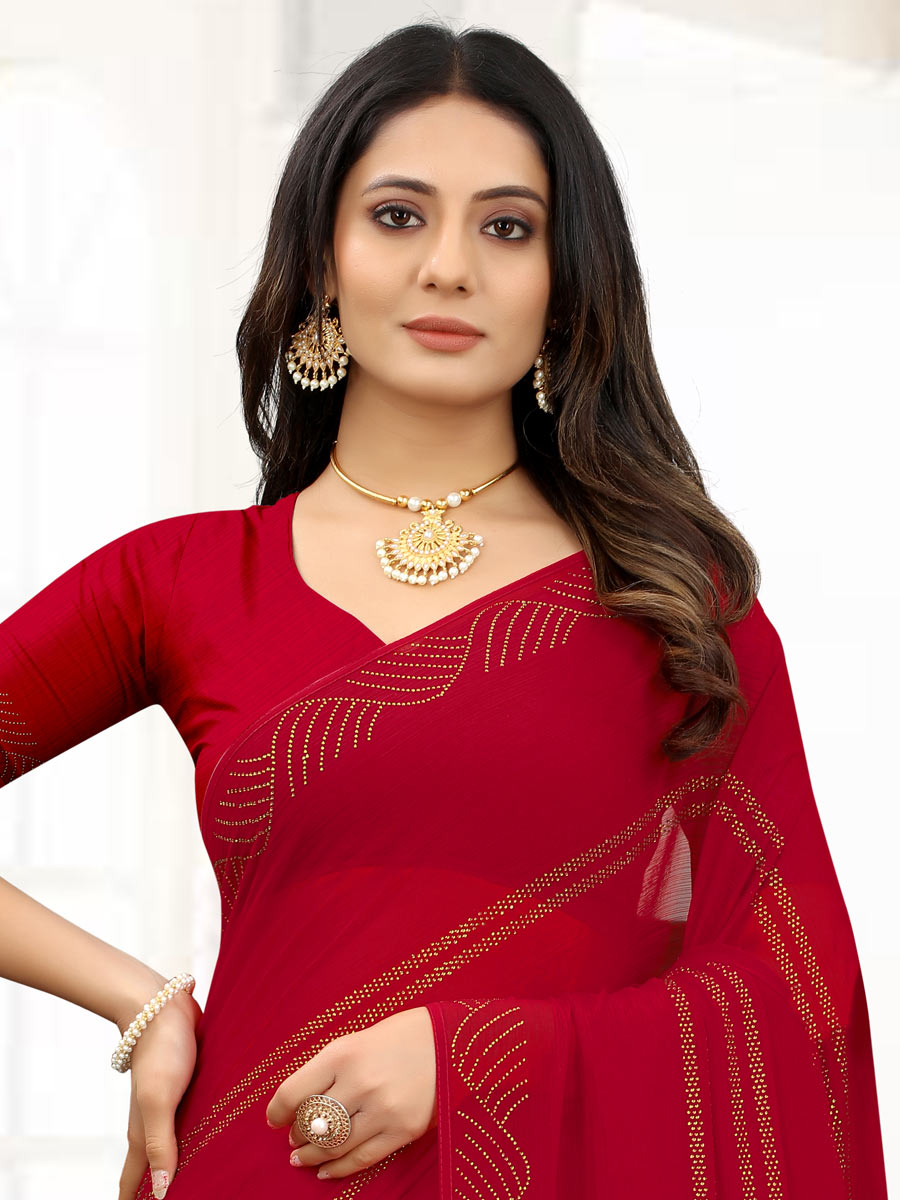 Carmine Red Chiffon Embroidered Party Saree