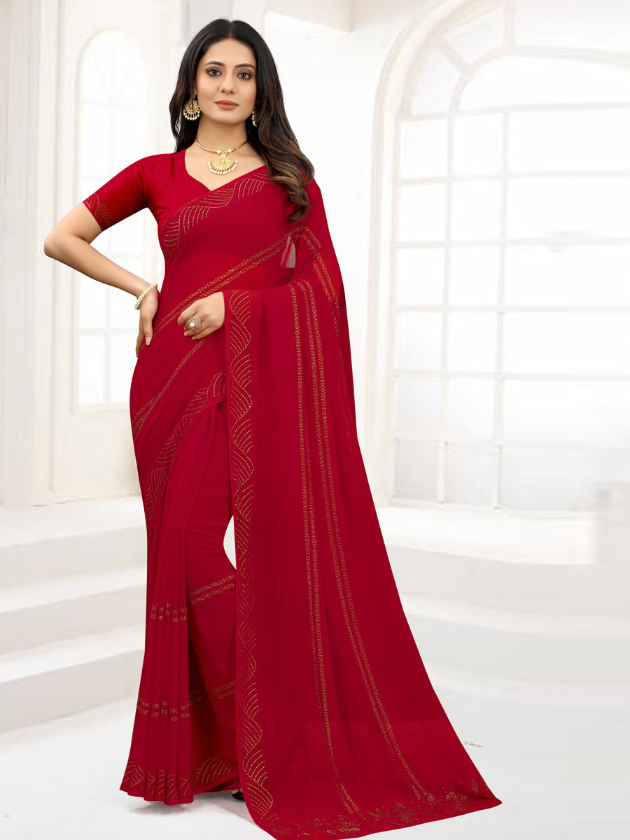 Carmine Red Chiffon Embroidered Party Saree