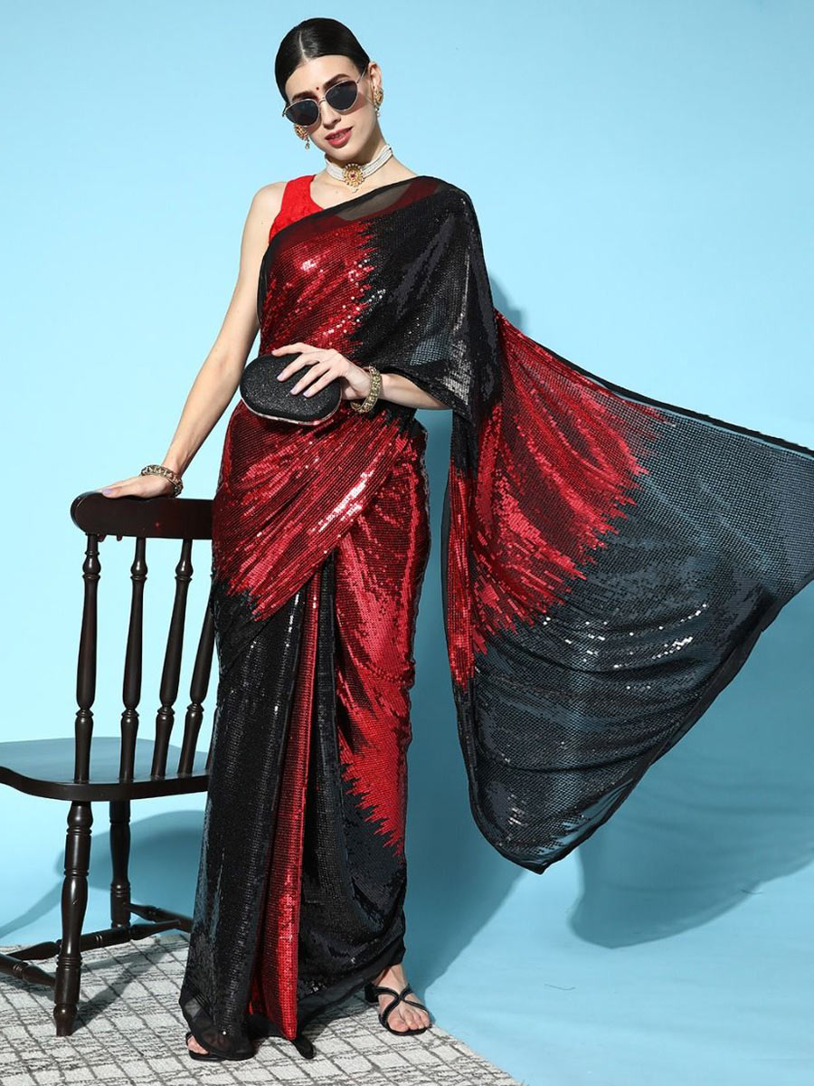 Carmine Red Faux Georgette Embroidered Party Saree