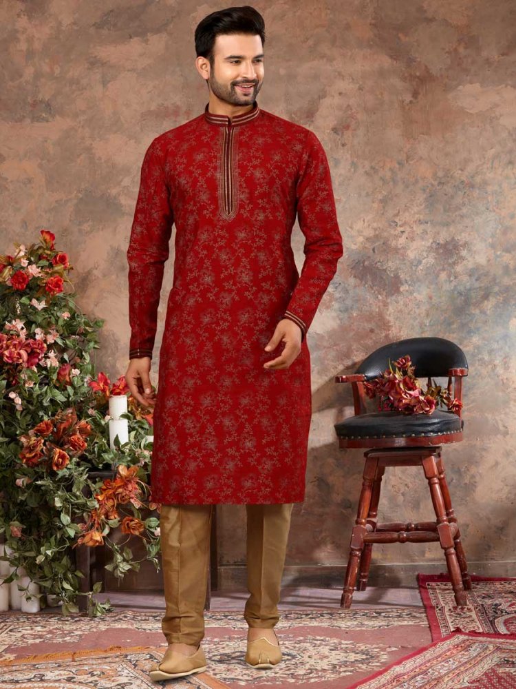 Carmine Red Silk Embroidered Festival Kurta Set