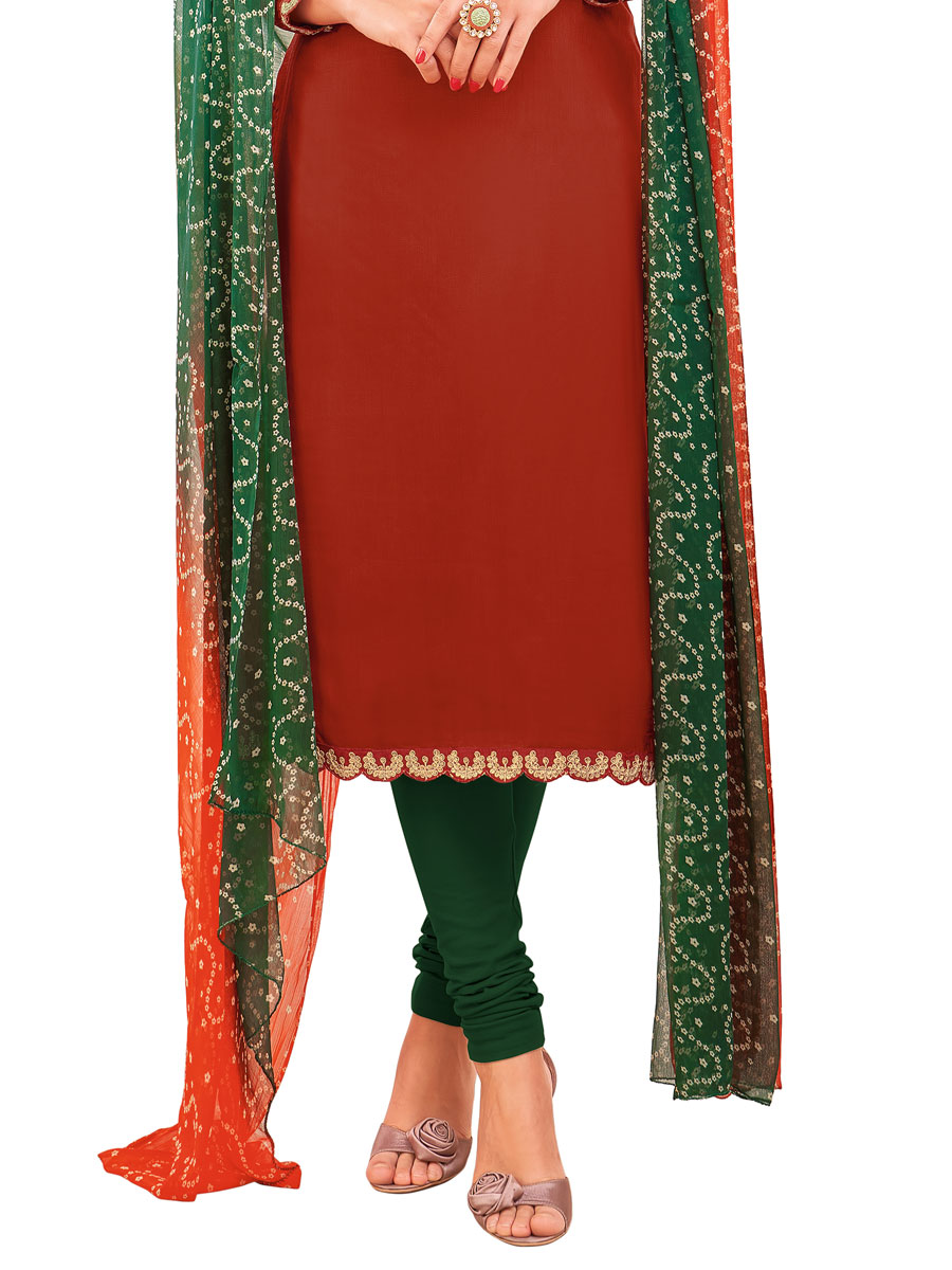Carnelian Red Chanderi Cotton Embroidered Party Churidar Pant Kameez