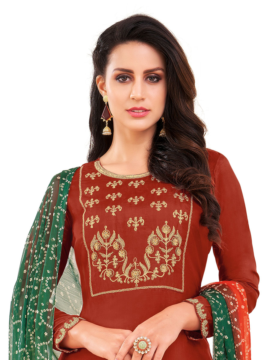 Carnelian Red Chanderi Cotton Embroidered Party Churidar Pant Kameez