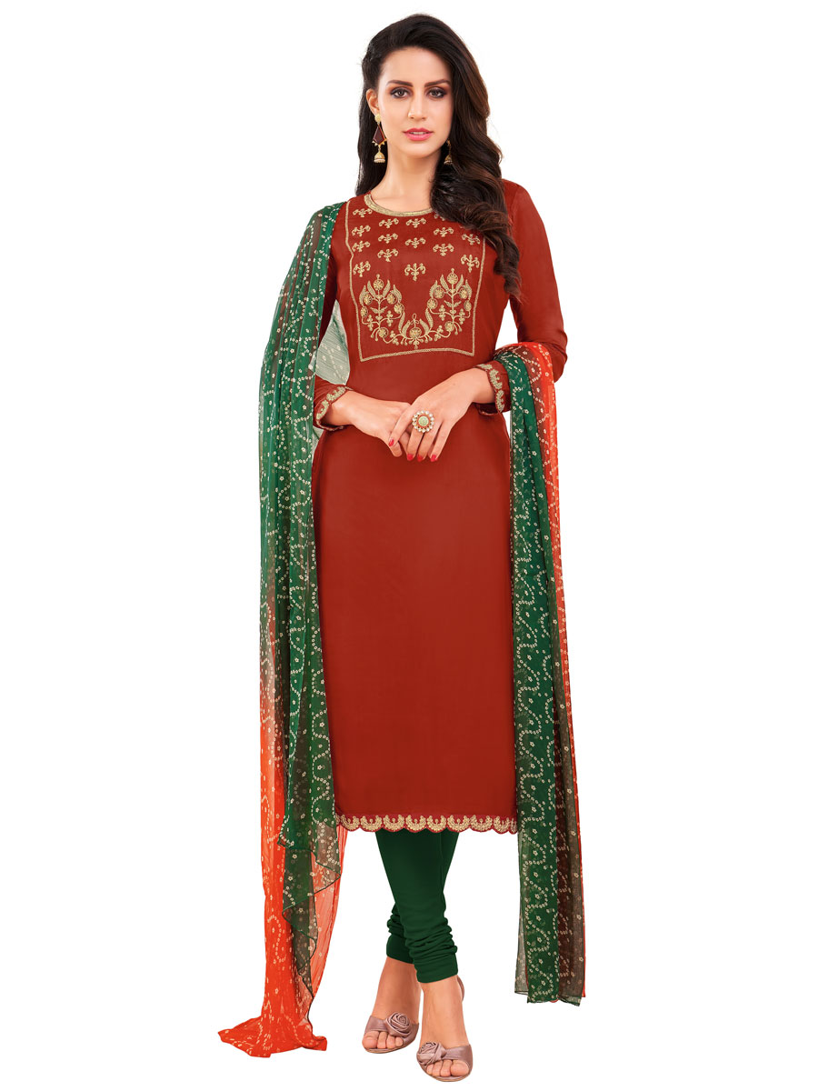 Carnelian Red Chanderi Cotton Embroidered Party Churidar Pant Kameez