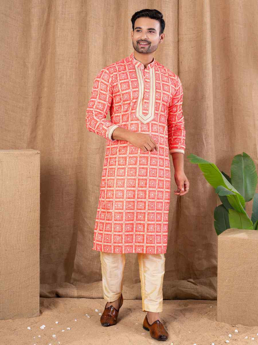 Carrot Red Silk Embroidery Festival Wedding Party Mens Kurta