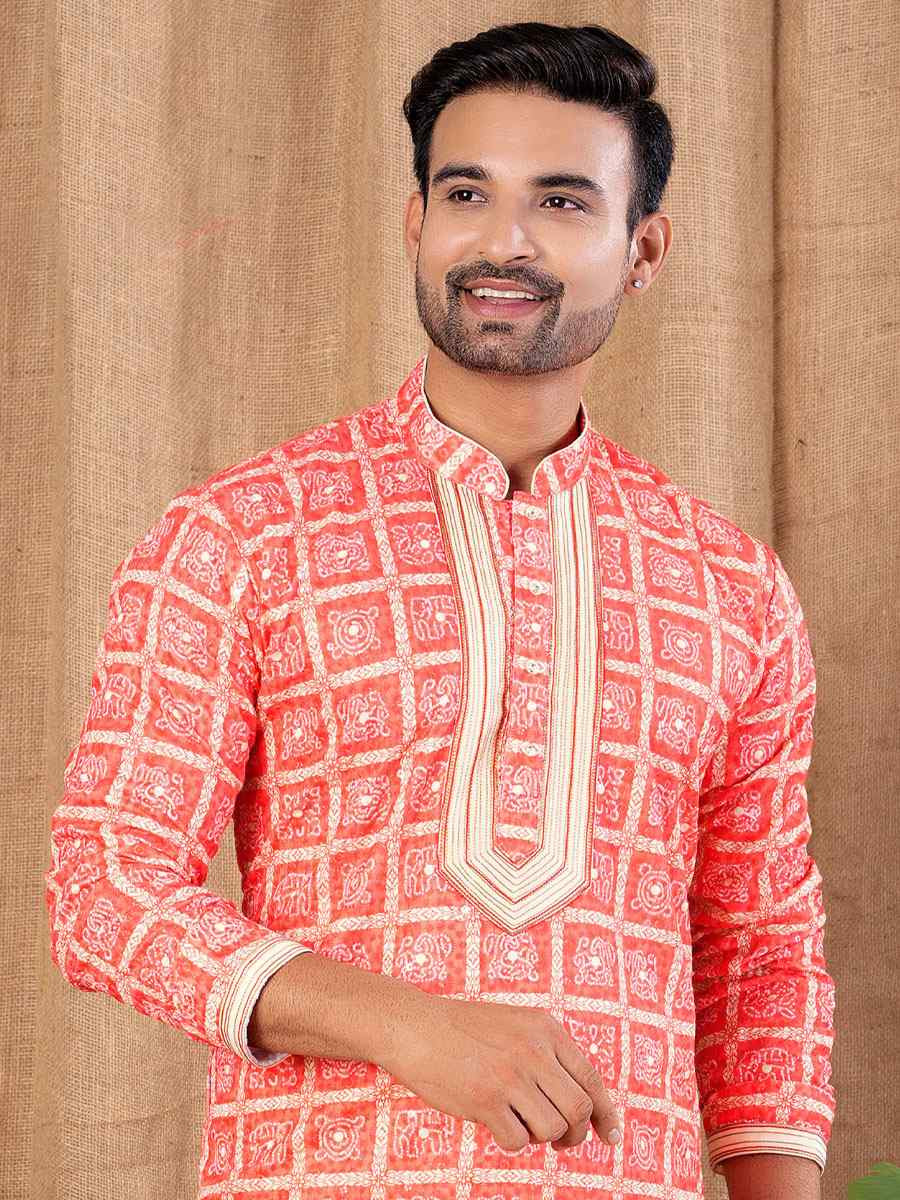 Carrot Red Silk Embroidery Festival Wedding Party Mens Kurta