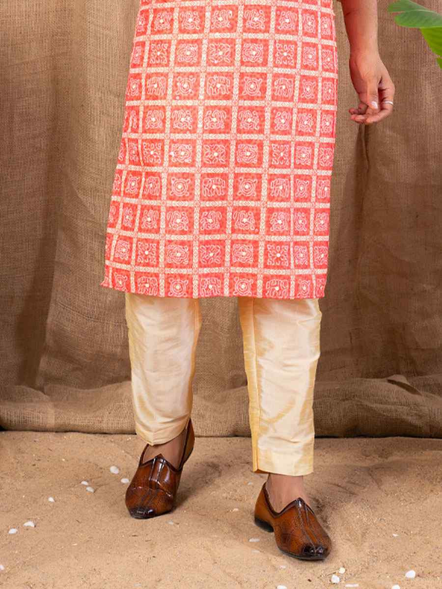 Carrot Red Silk Embroidery Festival Wedding Party Mens Kurta