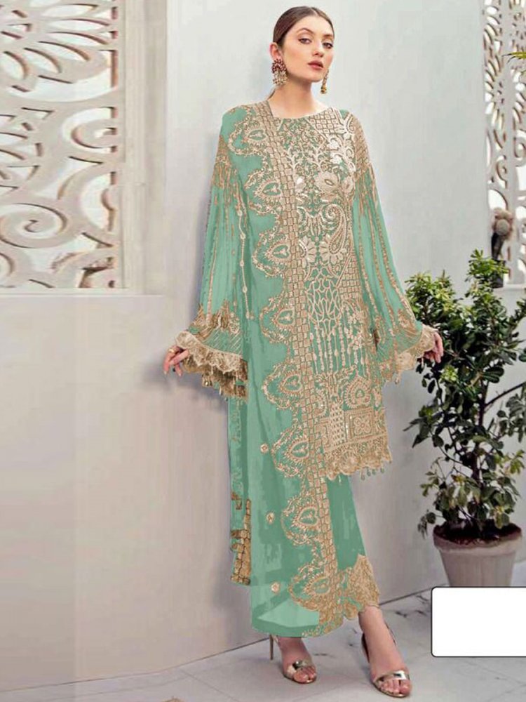 Celadon Green Faux Georgette Embroidered Festival Pant Kameez