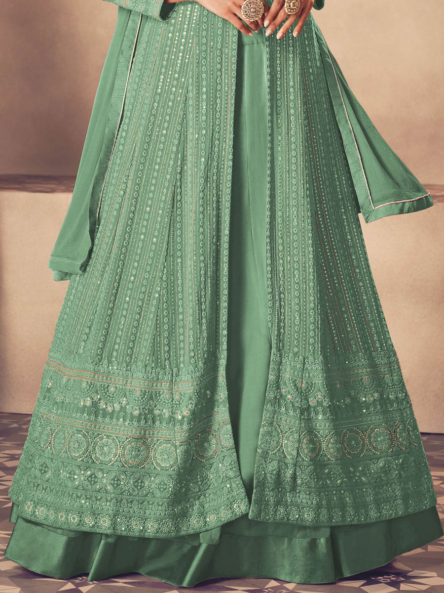 Celadon Green Faux Georgette Embroidered Party Lawn Kameez with Palazzo Pant