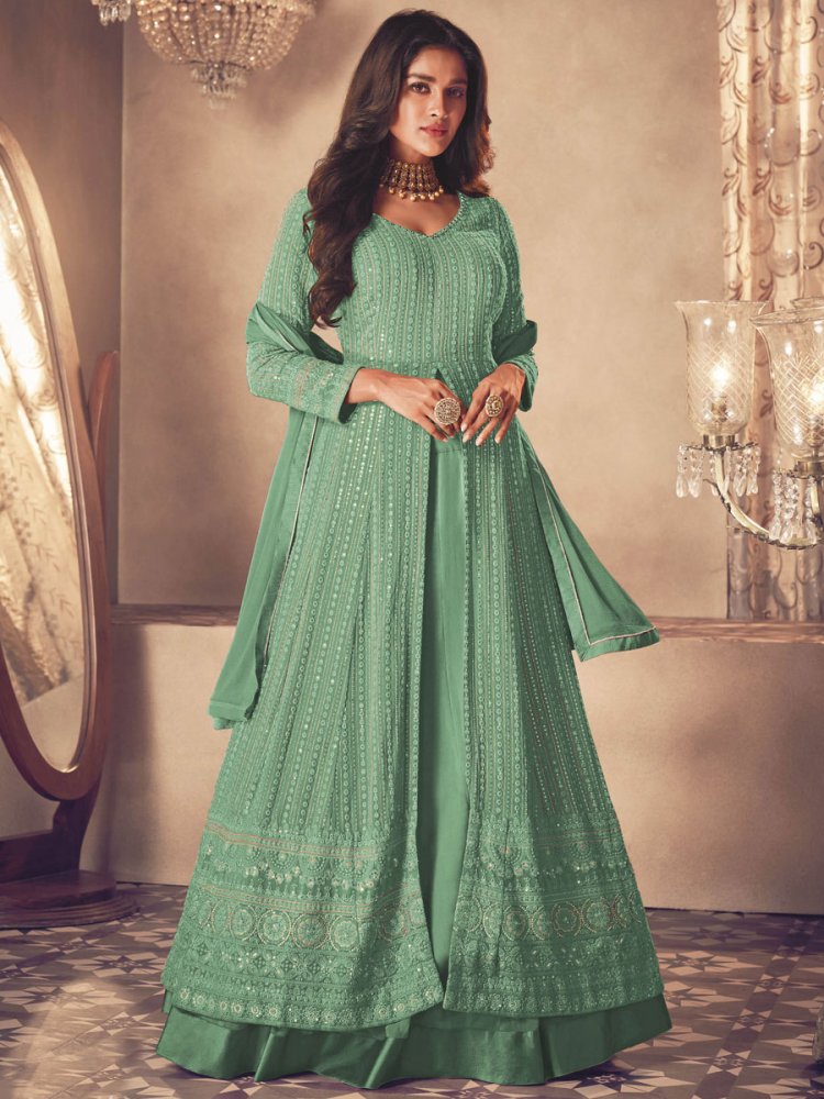 Celadon Green Faux Georgette Embroidered Party Lawn Kameez with Palazzo Pant