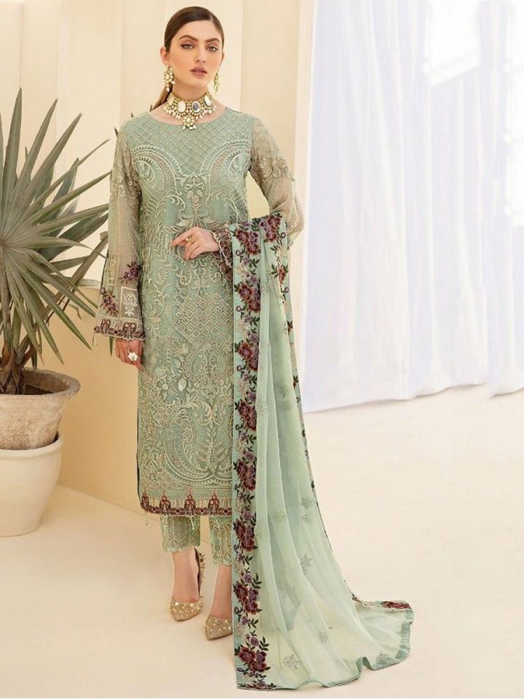 Celadon Green Faux Georgette Embroidered Party Pant Kameez