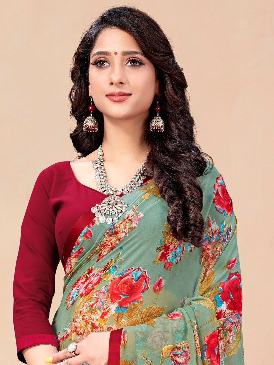 Celadon Green Georgette Printed Festival Saree