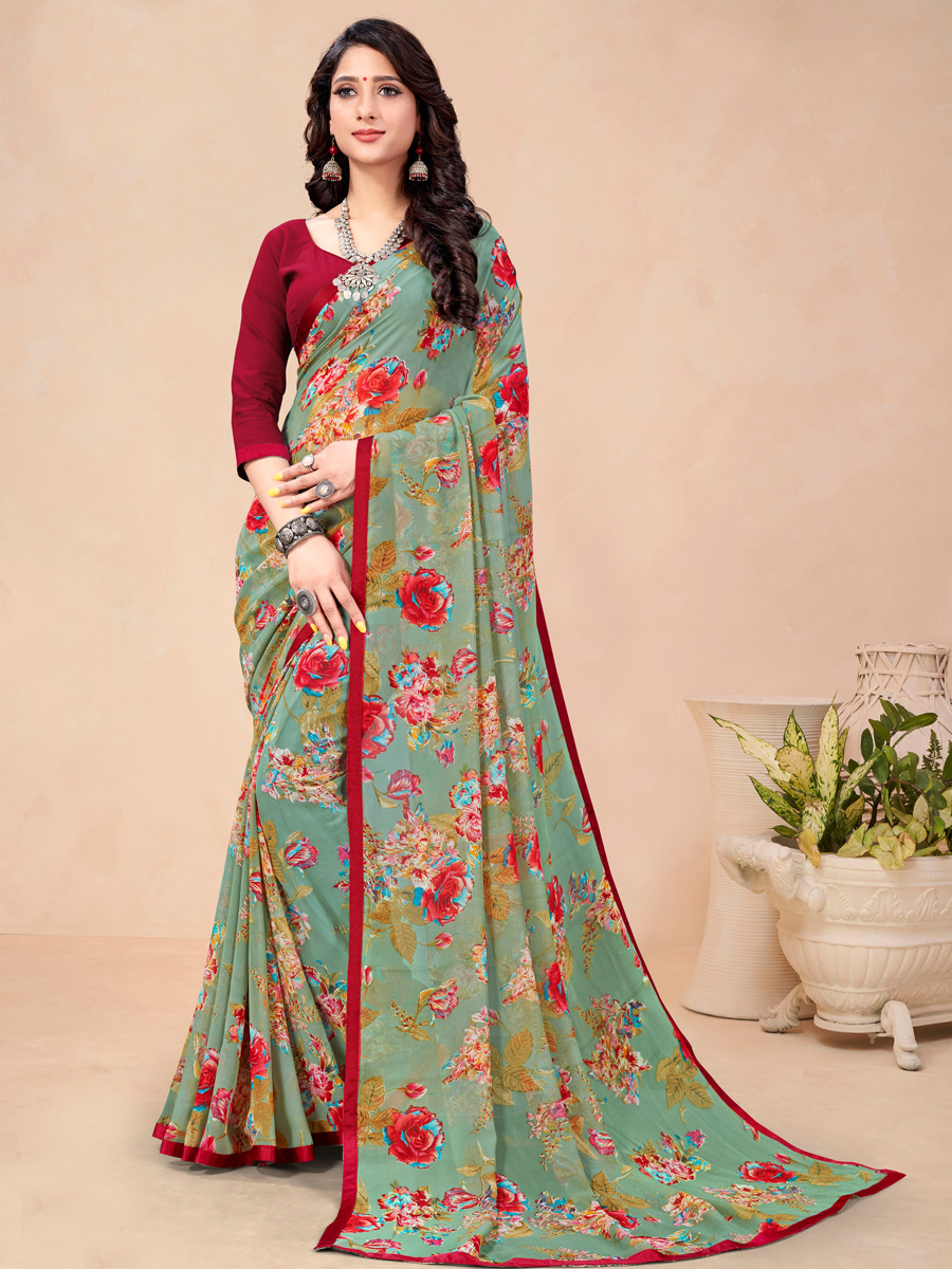 Celadon Green Georgette Printed Festival Saree