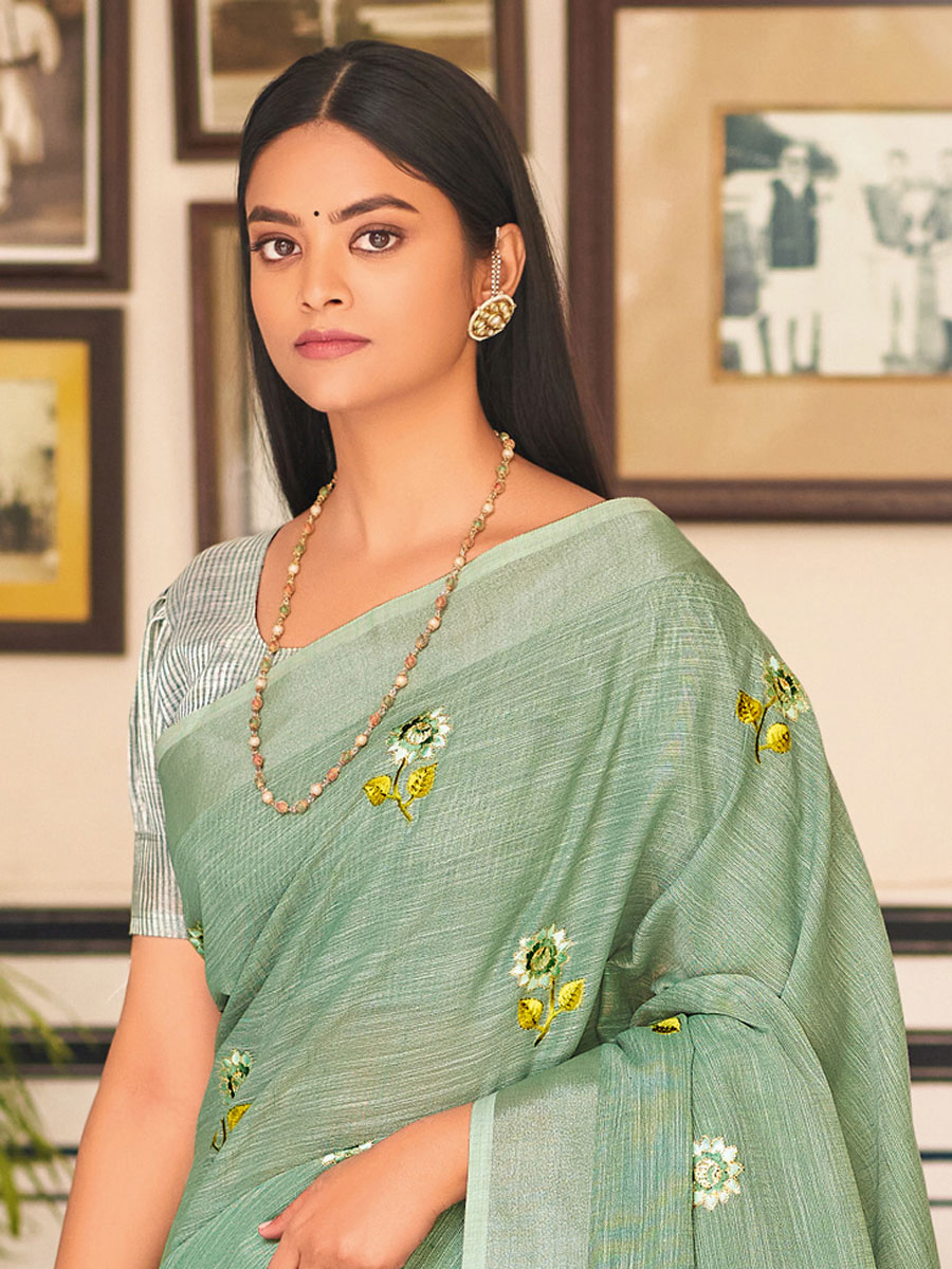 Celadon Green Linen Embroidered Party Saree