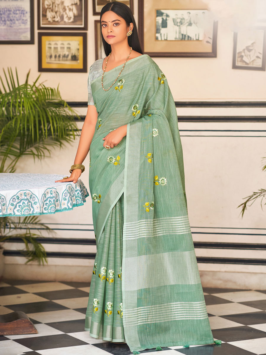 Celadon Green Linen Embroidered Party Saree