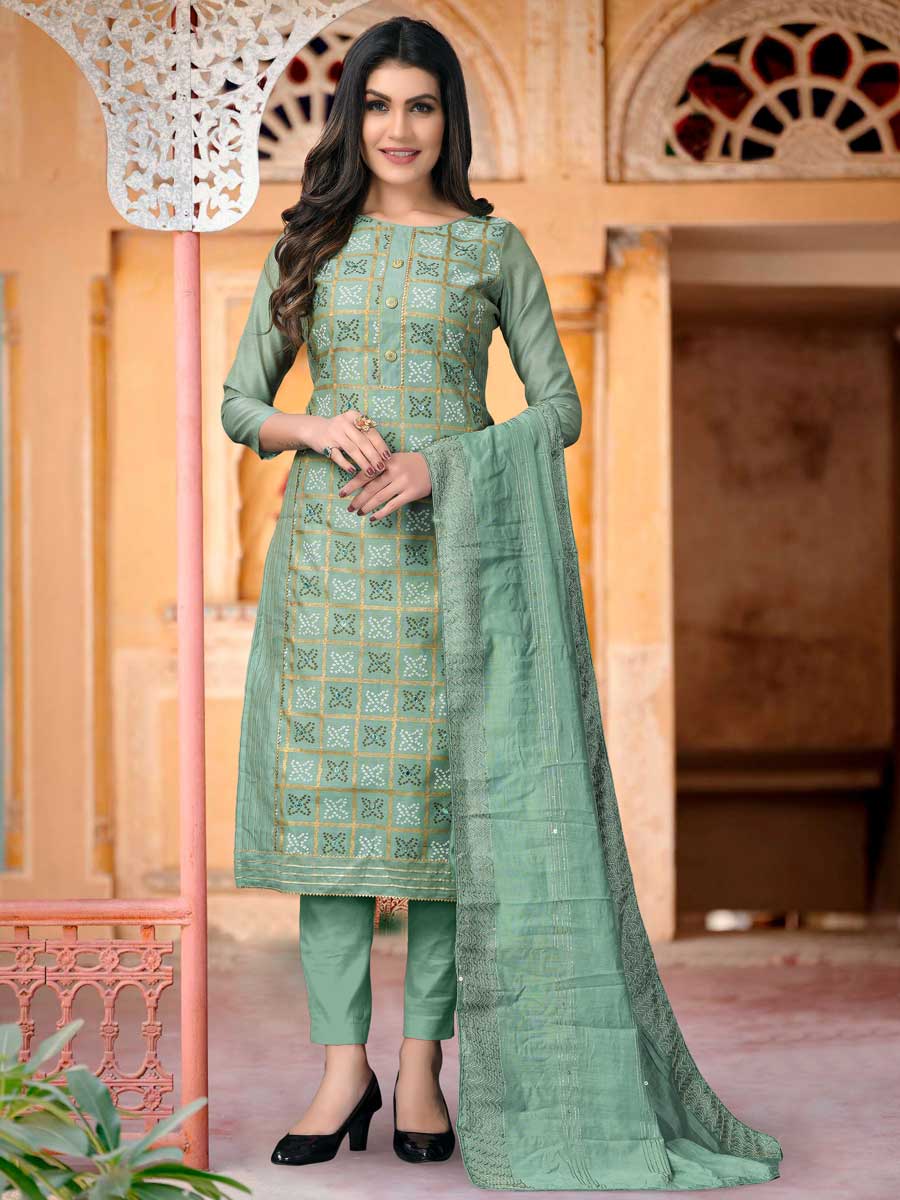 Celadon Green Modal Chanderi Embroidered Festival Pant Kameez