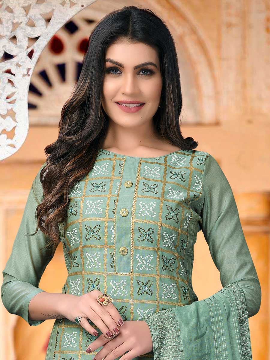Celadon Green Modal Chanderi Embroidered Festival Pant Kameez