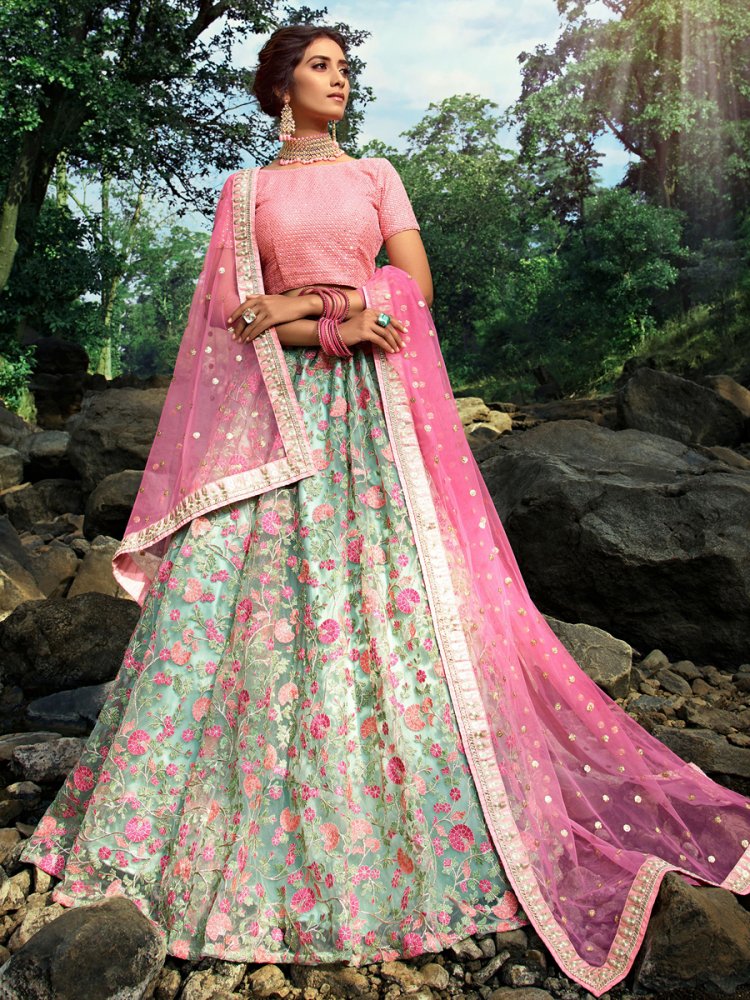 Celadon Green Net Embroidered Party Lehenga Choli