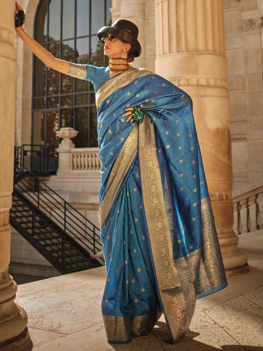 Cello Blue Khadi Silk Handwoven Wedding Festival Heavy Border Saree