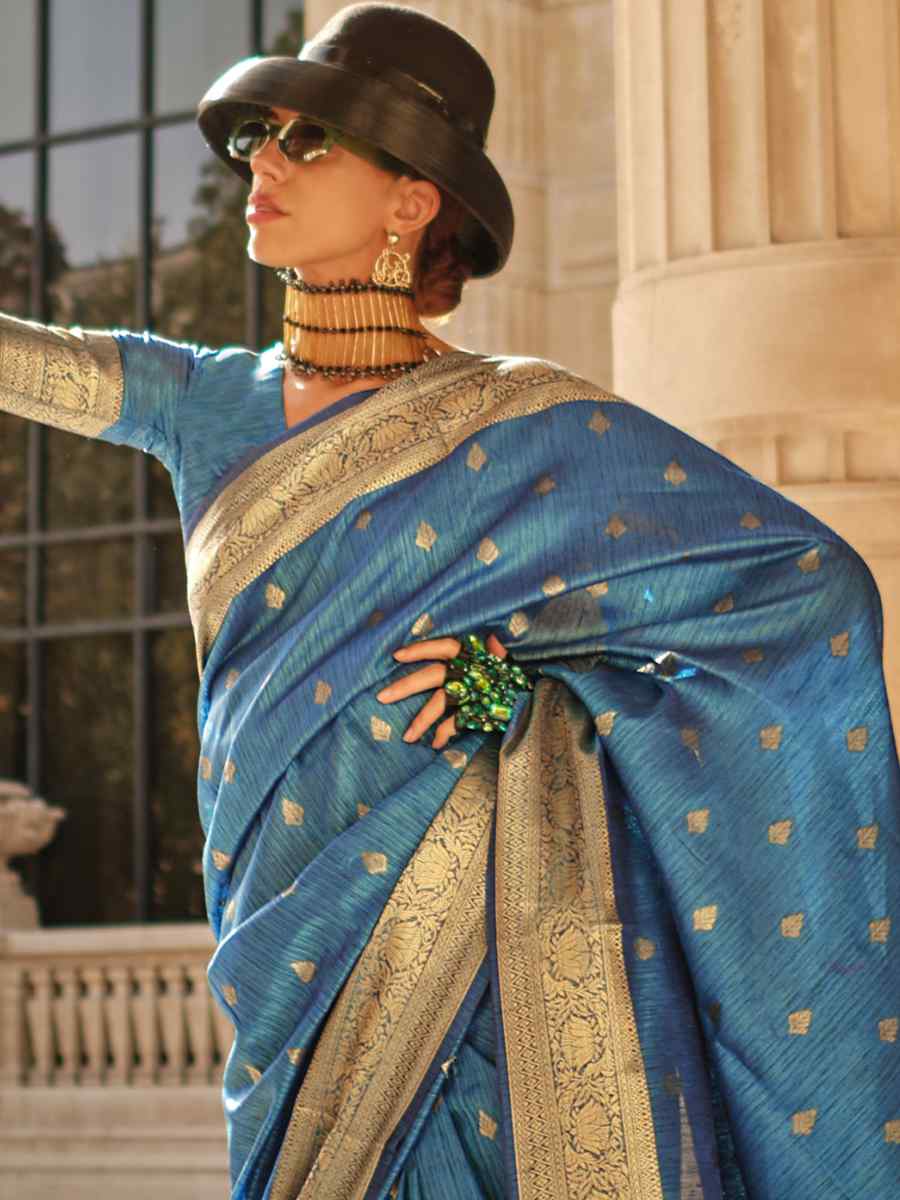 Cello Blue Khadi Silk Handwoven Wedding Festival Heavy Border Saree