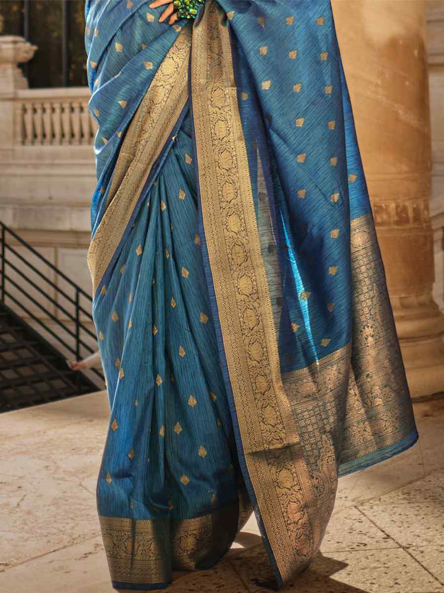 Cello Blue Khadi Silk Handwoven Wedding Festival Heavy Border Saree