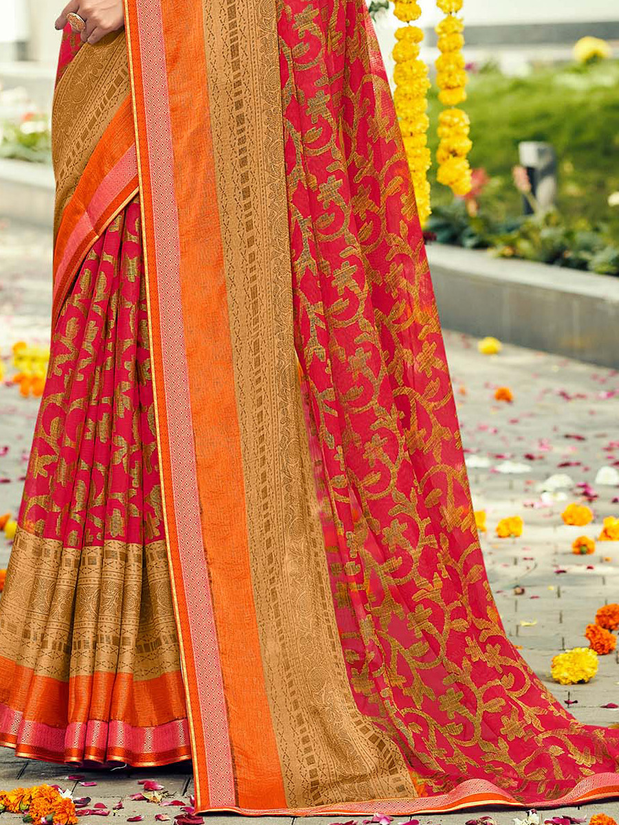 Cerise Pink Chiffon Brasso Printed Festival Saree
