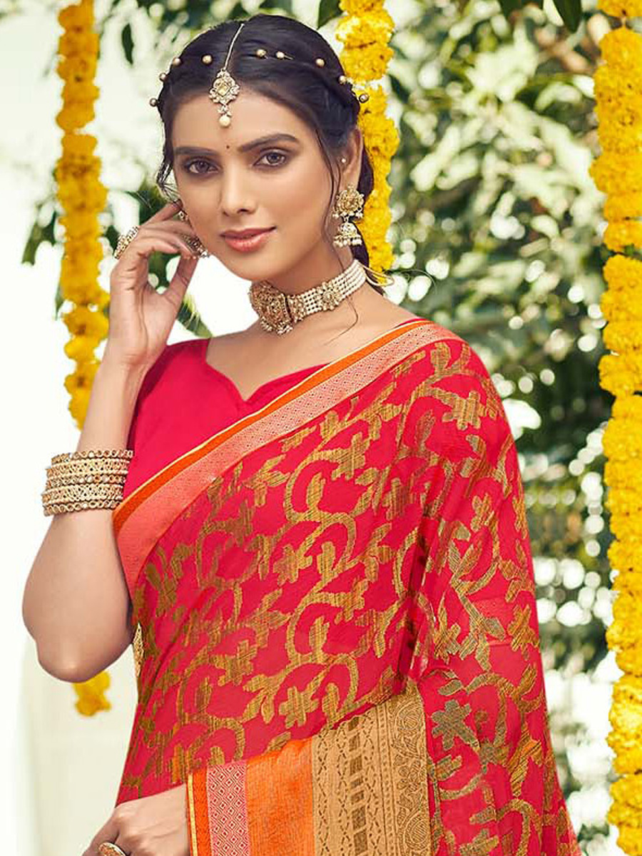 Cerise Pink Chiffon Brasso Printed Festival Saree