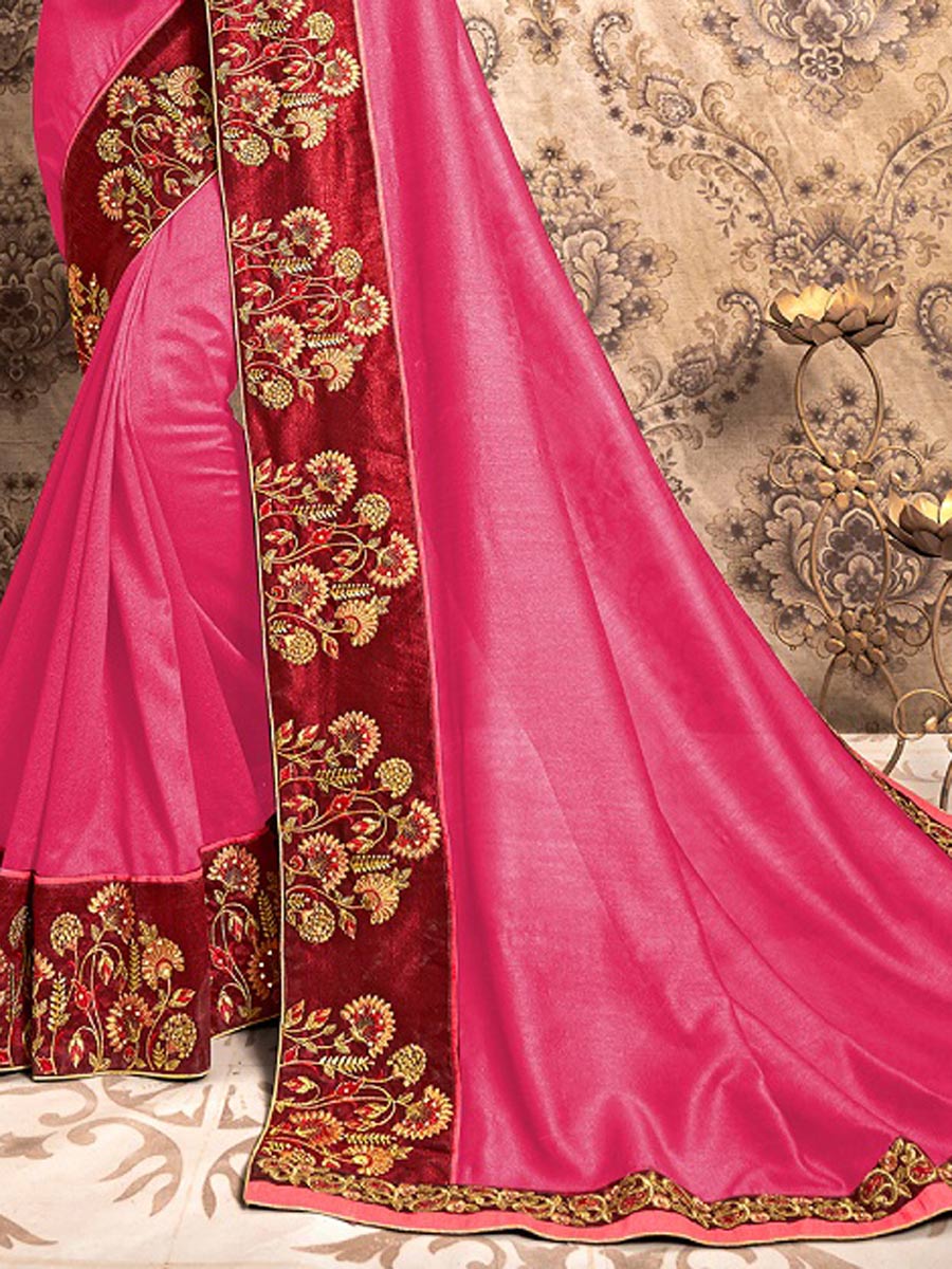 Cerise Pink Chiffon Embroidered Party Saree