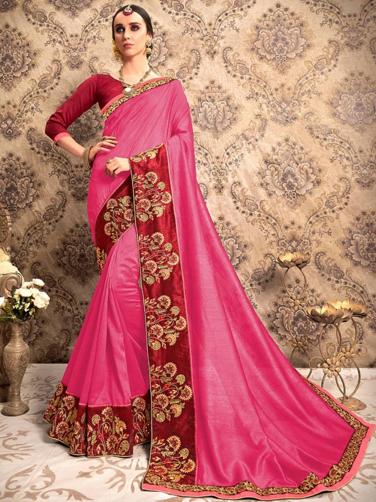 Cerise Pink Chiffon Embroidered Party Saree