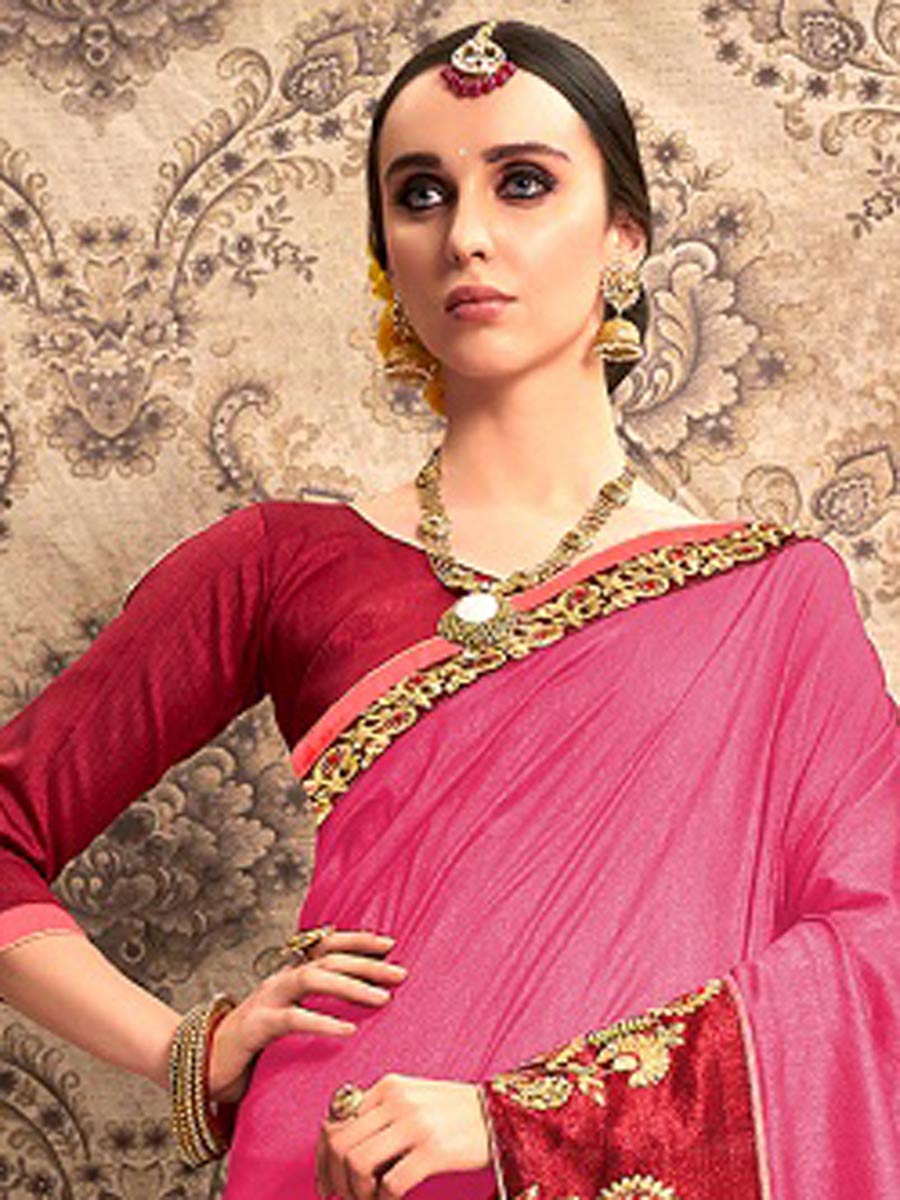 Cerise Pink Chiffon Embroidered Party Saree