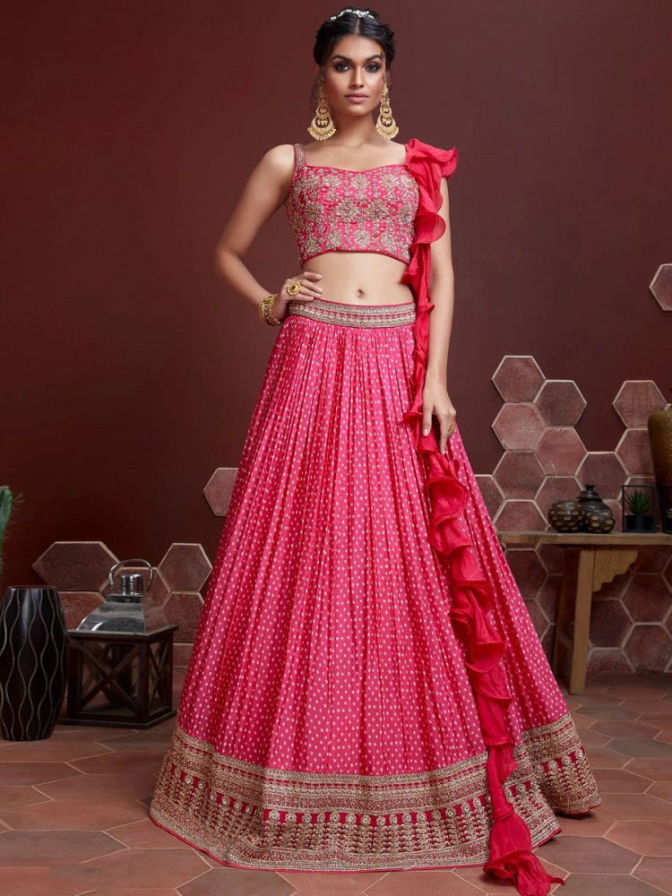 Cerise Pink Chinon Silk Embroidered Party Lehenga Choli