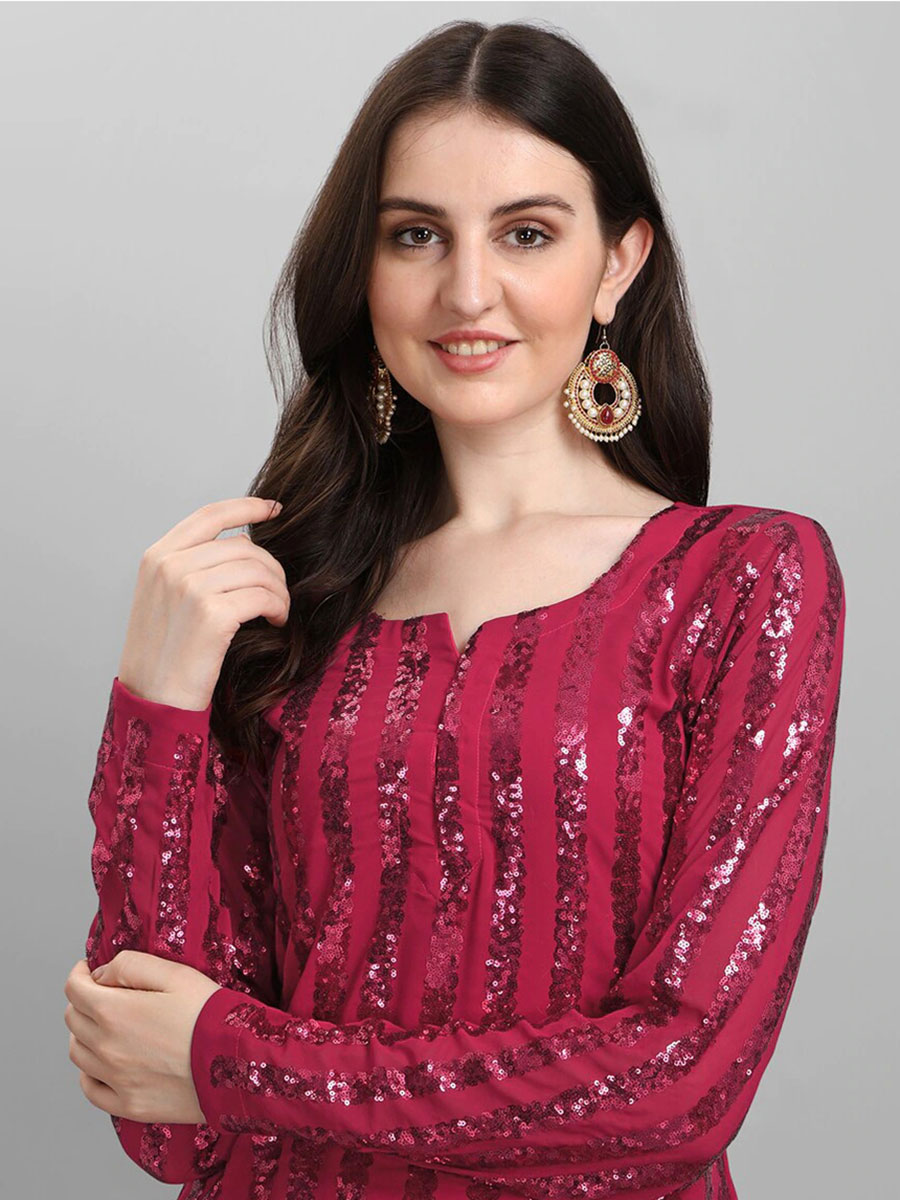 Cerise Pink Faux Georgette Embroidered Party Sharara Pant Kameez