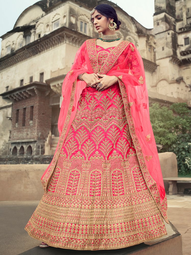 Cerise Pink Satin Embroidered Bridal Lehenga Choli