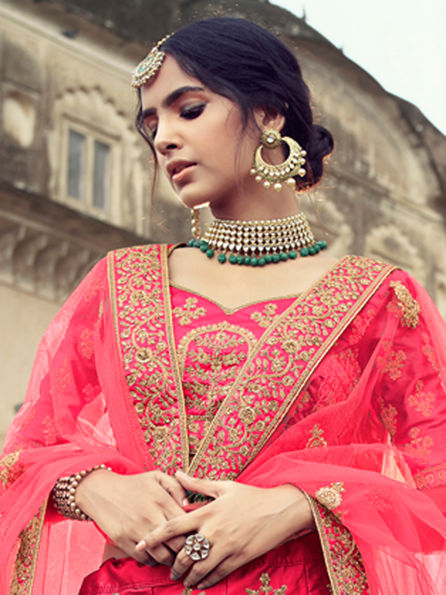 Cerise Pink Satin Embroidered Bridal Lehenga Choli