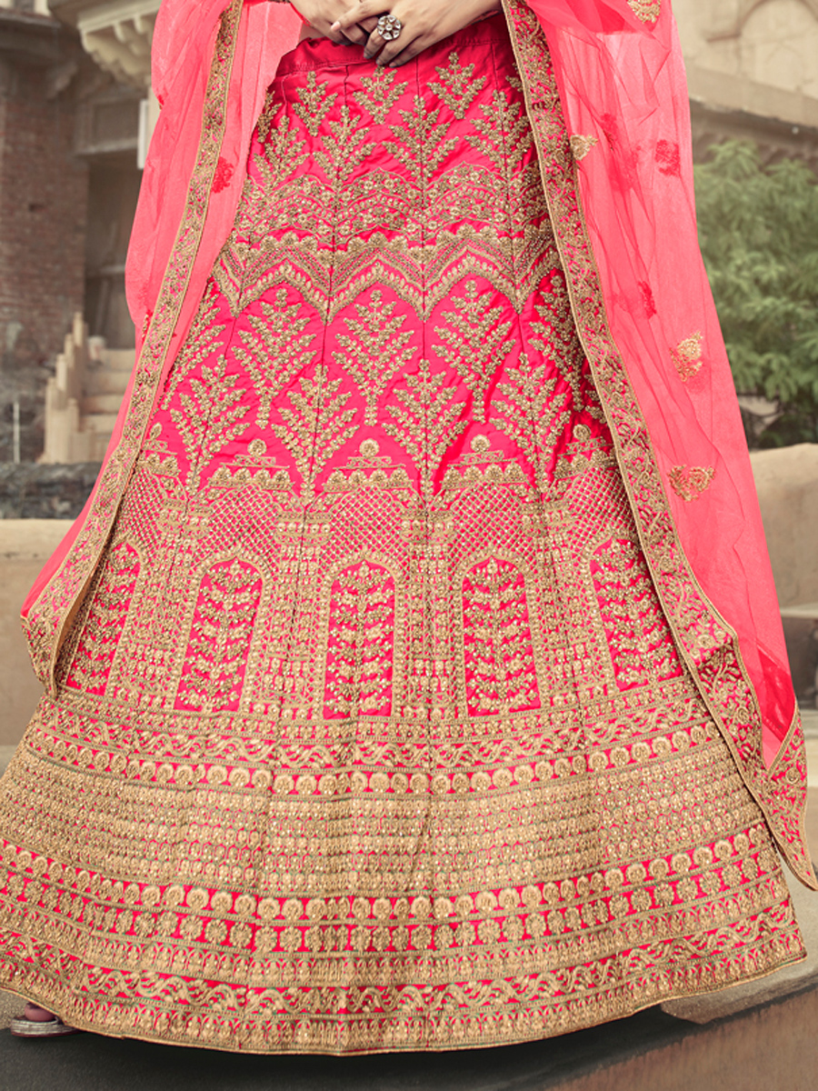 Cerise Pink Satin Embroidered Bridal Lehenga Choli