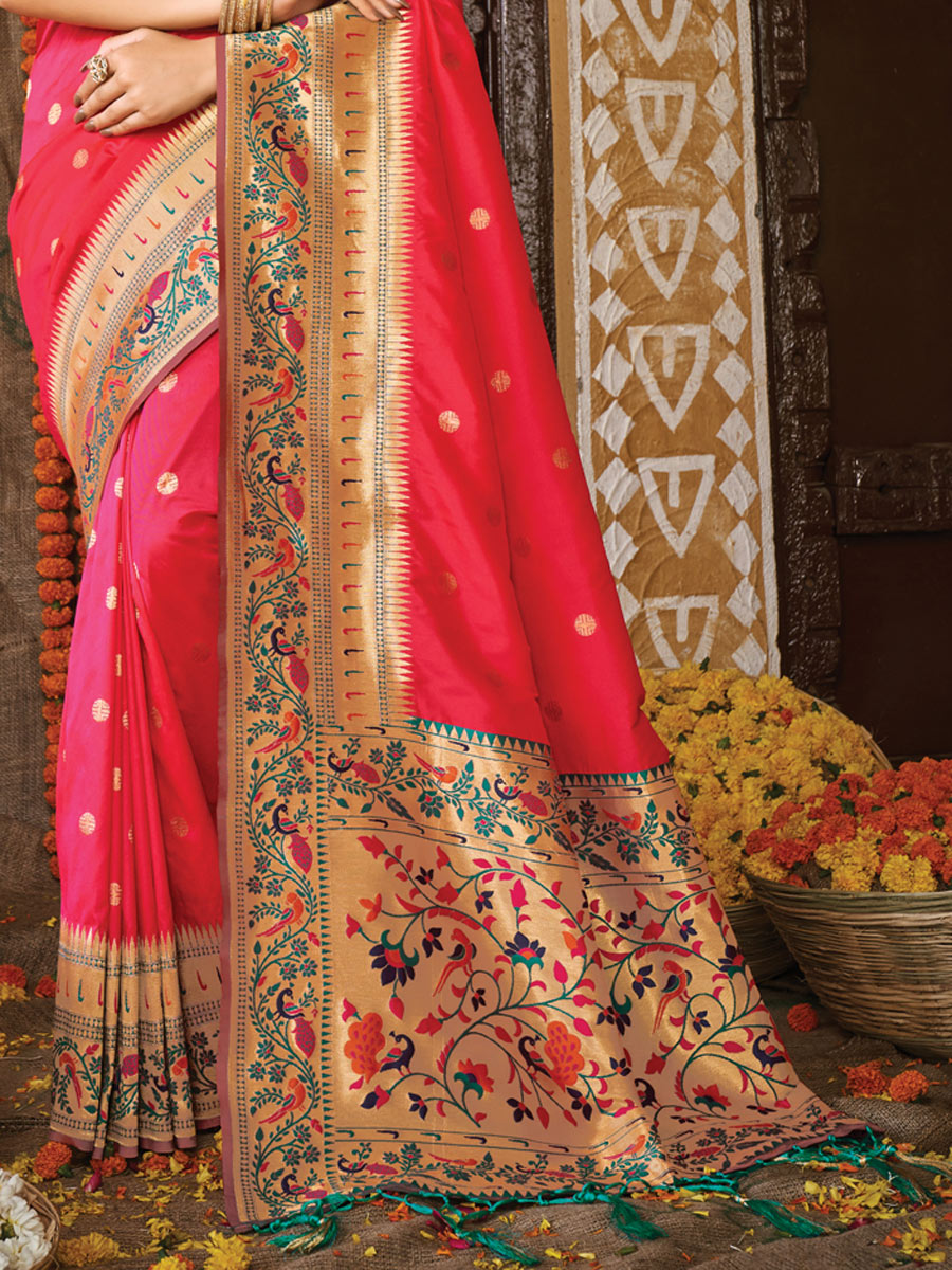 Cerise Red Banarasi Silk Handwoven Festival Saree
