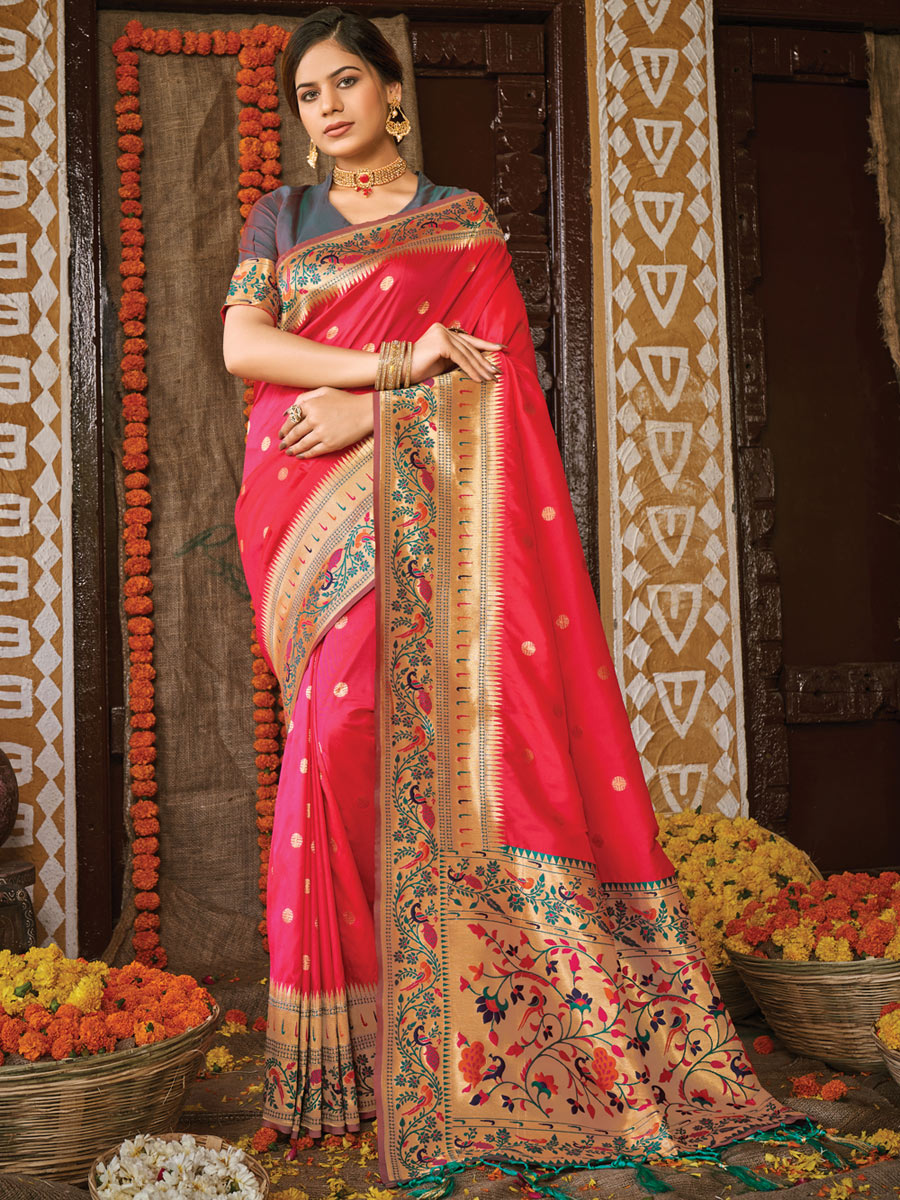 Cerise Red Banarasi Silk Handwoven Festival Saree