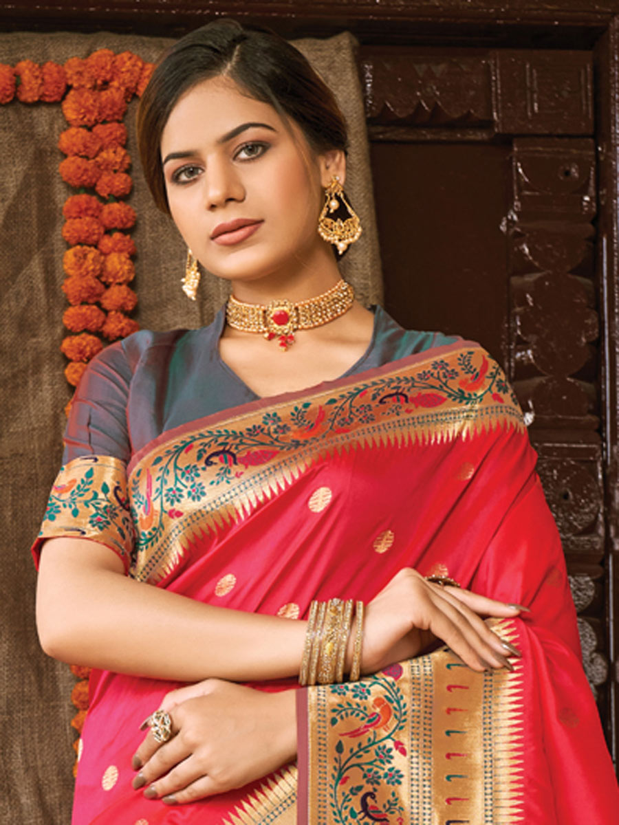 Cerise Red Banarasi Silk Handwoven Festival Saree
