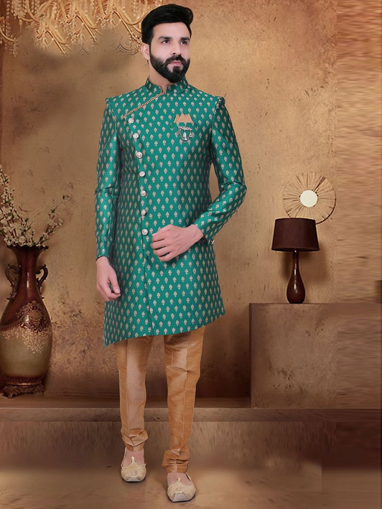 Cerulean Blue Brocade Printed Party Sherwani