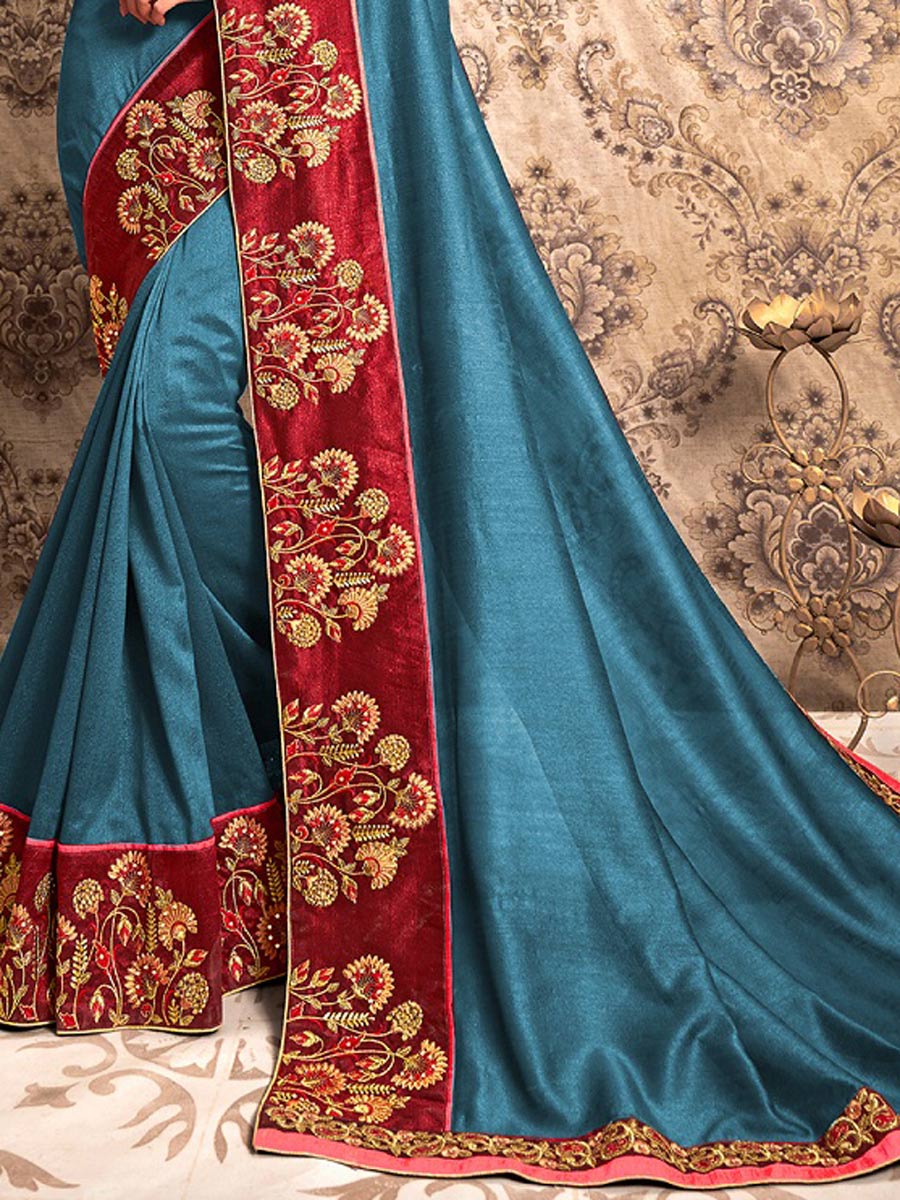 Cerulean Blue Chiffon Embroidered Party Saree