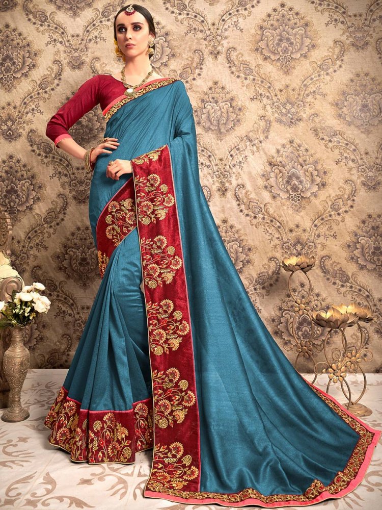 Cerulean Blue Chiffon Embroidered Party Saree