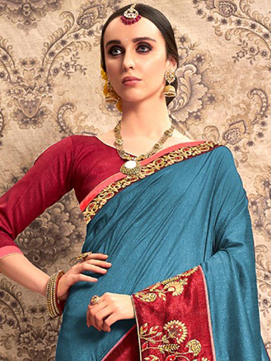 Cerulean Blue Chiffon Embroidered Party Saree