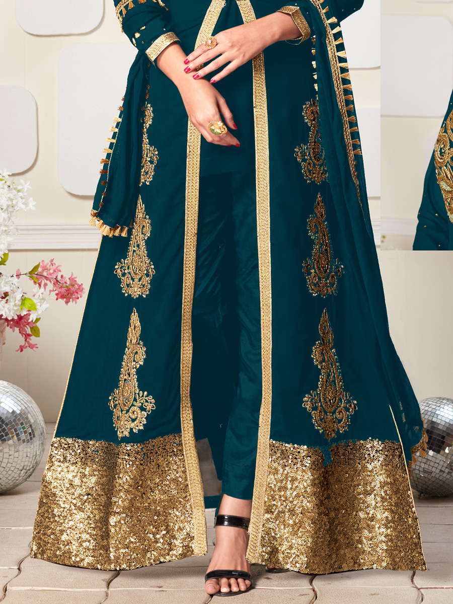 Cerulean Blue Faux Georgette Embroidered Party Lawn Kameez
