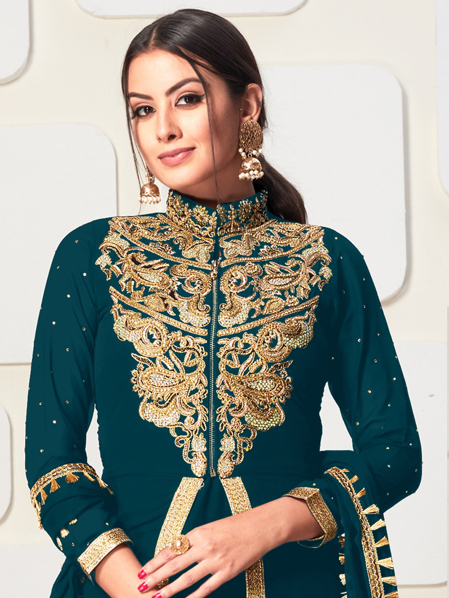 Cerulean Blue Faux Georgette Embroidered Party Lawn Kameez