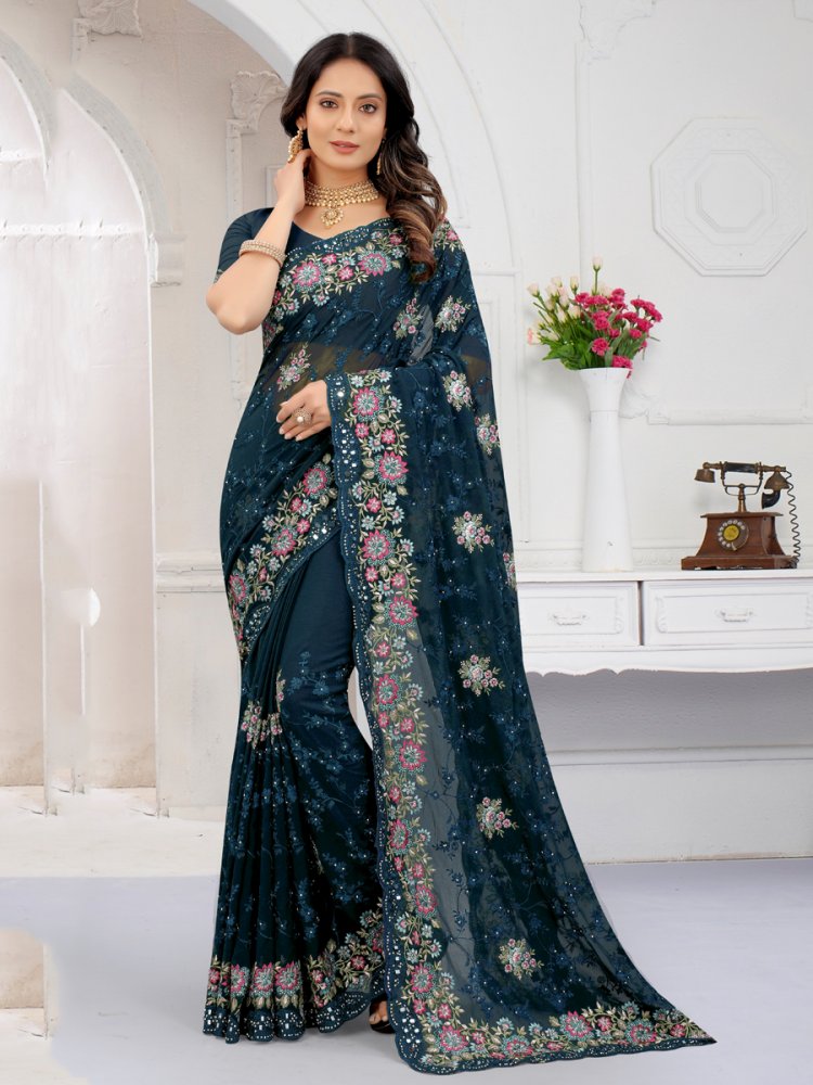 Cerulean Blue Faux Georgette Embroidered Party Saree