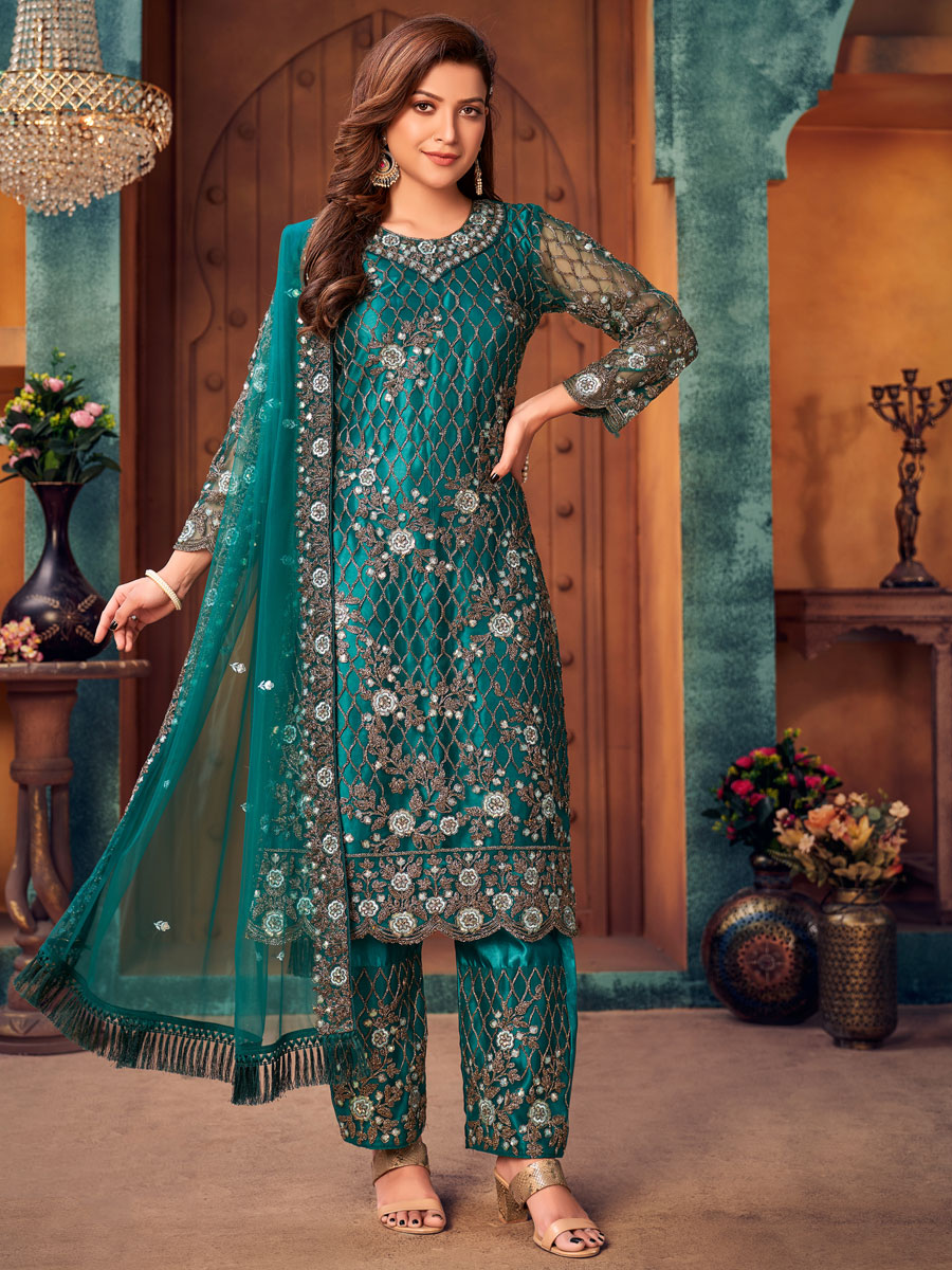 Cerulean Blue Net Embroidered Party Palazzo Pant Kameez