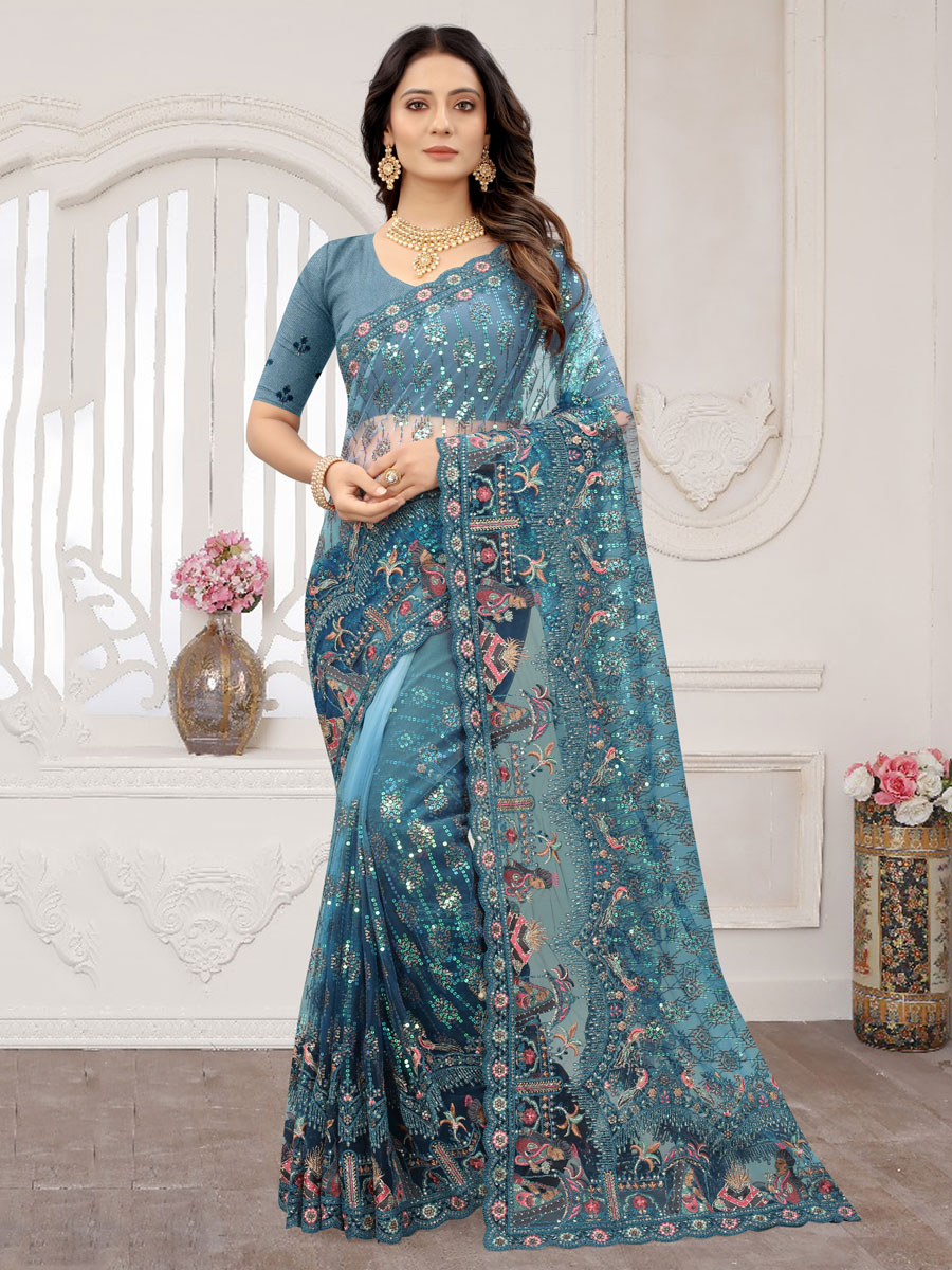 Cerulean Blue Net Embroidered Party Saree