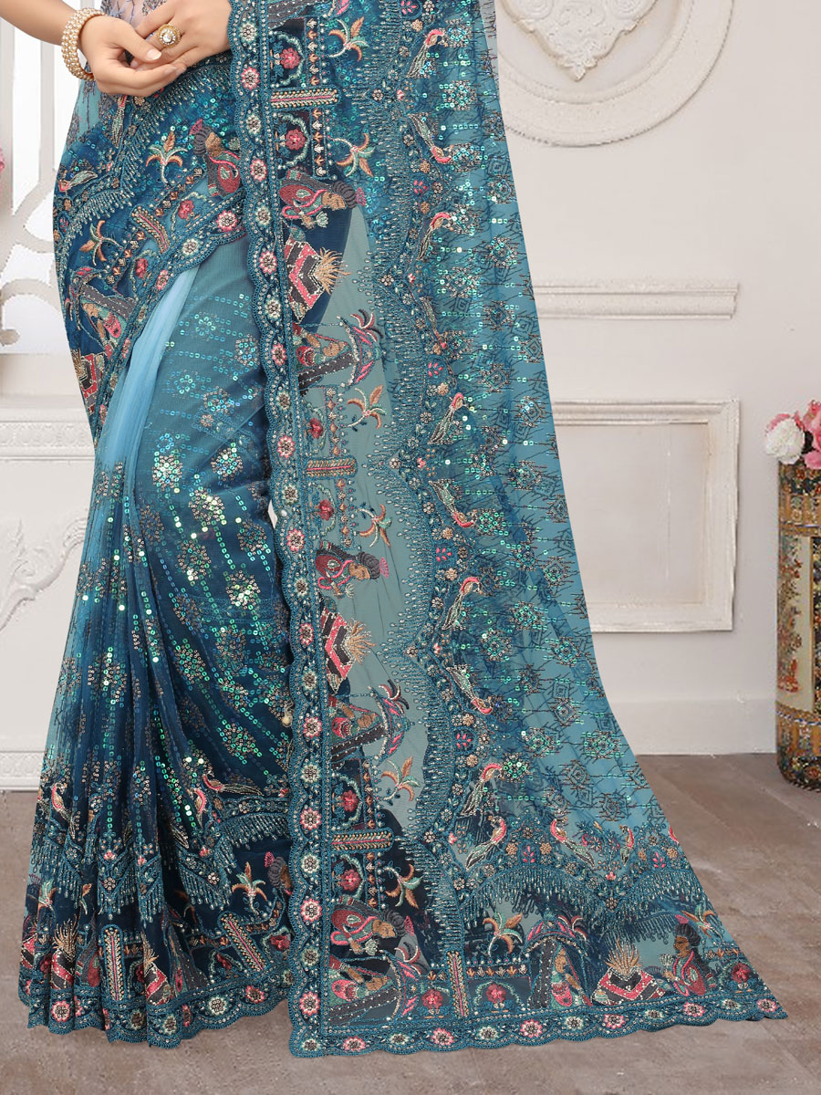 Cerulean Blue Net Embroidered Party Saree