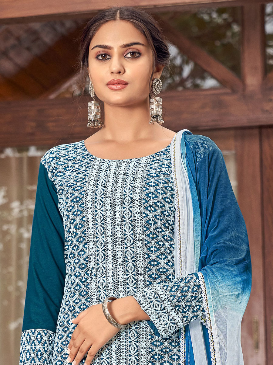 Cerulean Blue Rayon Embroidered Festival Pant Kameez