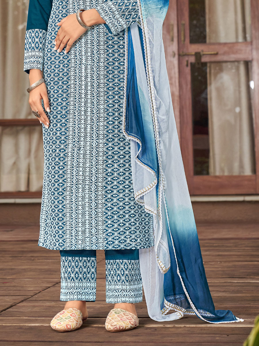 Cerulean Blue Rayon Embroidered Festival Pant Kameez